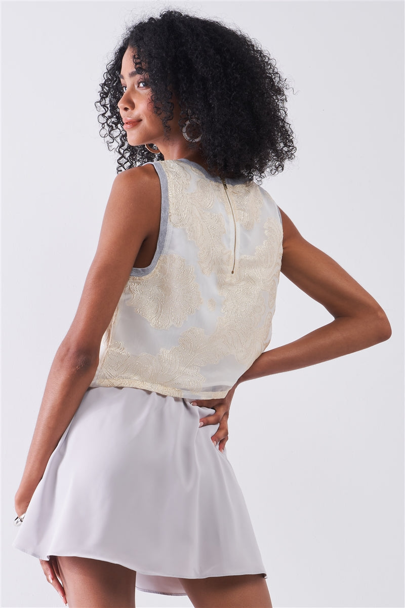 Cream Chiffon Golden Weave Ornament Embroidery Sleeveless Crop Top - Absolute Fashion 2020