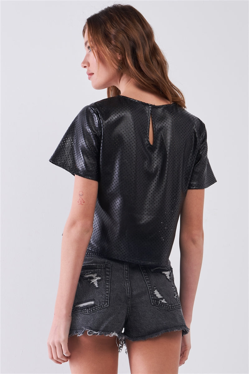 Black Vegan Leather Laser Cut Round Neck Wide Short Sleeve Cropped Top - Absolute Fashion 2020