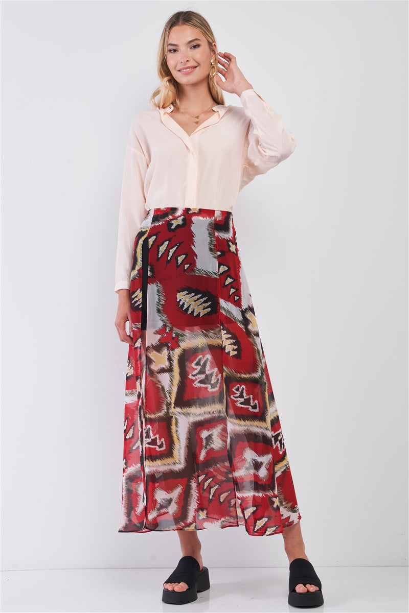 Red & Multi Vintage Graphic Print High-waisted Two Front Slits Maxi Skirt - Absolute Fashion 2020