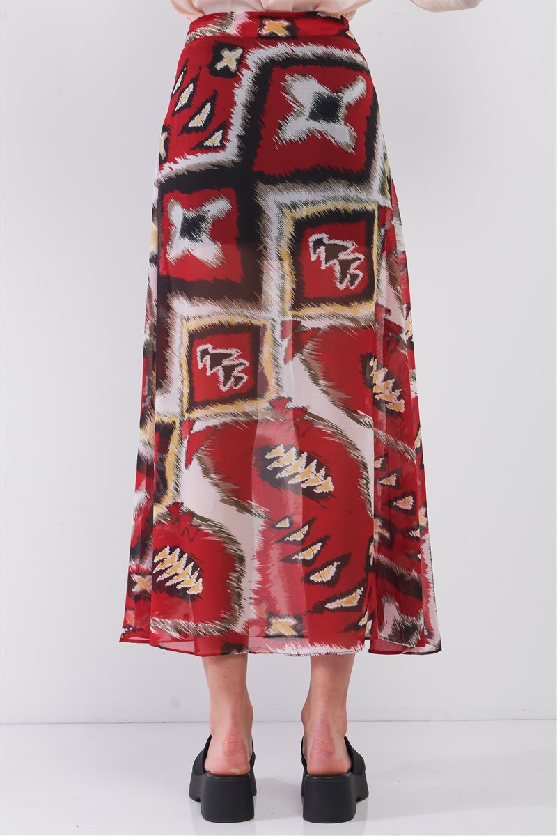 Red & Multi Vintage Graphic Print High-waisted Two Front Slits Maxi Skirt - Absolute Fashion 2020