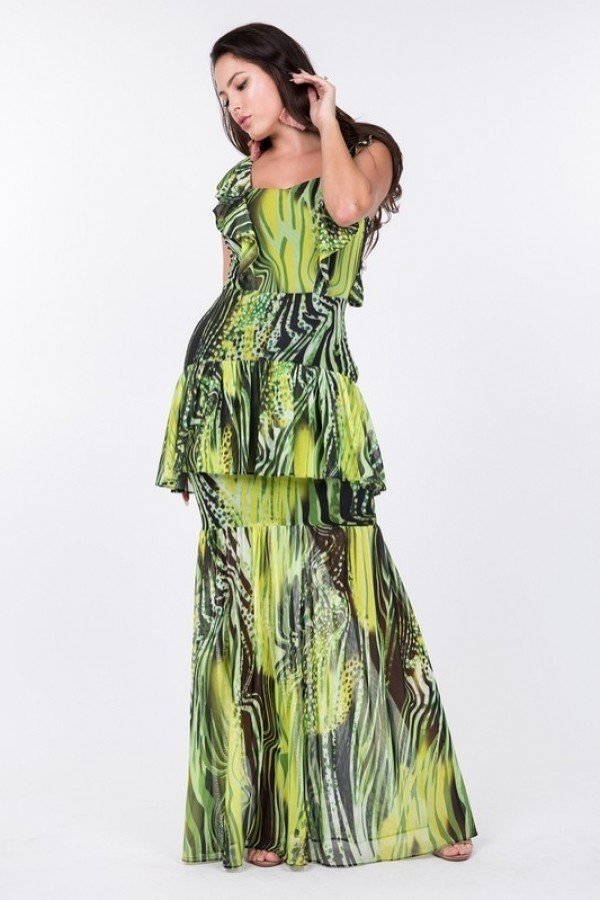 Ruffle Sleeve Tiered Bottom Print Long Dress - Absolute Fashion 2020