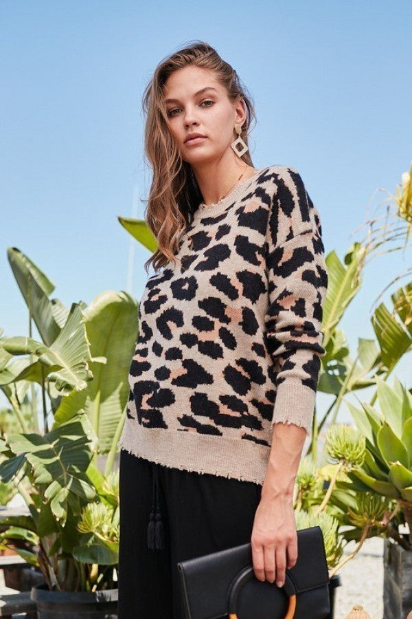 Round Neck Long Sleeve Frayed Edge Leopard Print Sweater - Absolute Fashion 2020