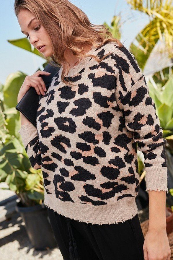 Round Neck Long Sleeve Frayed Edge Leopard Print Sweater - Absolute Fashion 2020