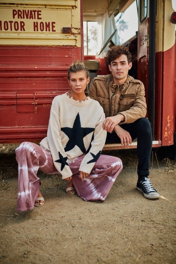 Distressed Round Neck Long Sleeve Star Print Loose Fit Sweater - Absolute Fashion 2020