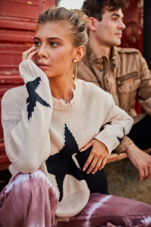Distressed Round Neck Long Sleeve Star Print Loose Fit Sweater - Absolute Fashion 2020