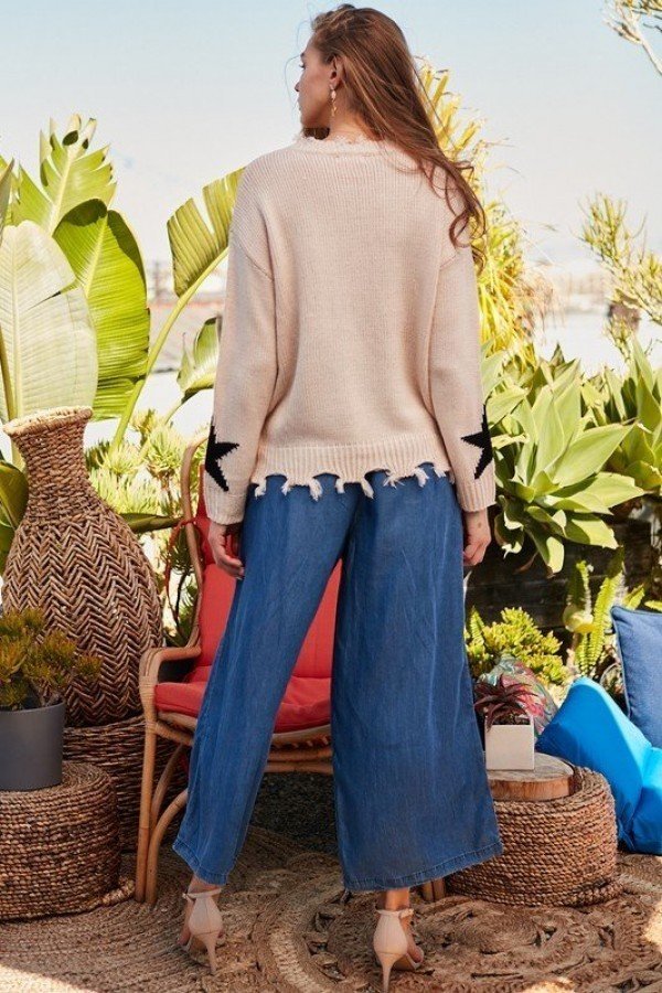 Distressed Round Neck Long Sleeve Star Print Loose Fit Sweater - Absolute Fashion 2020