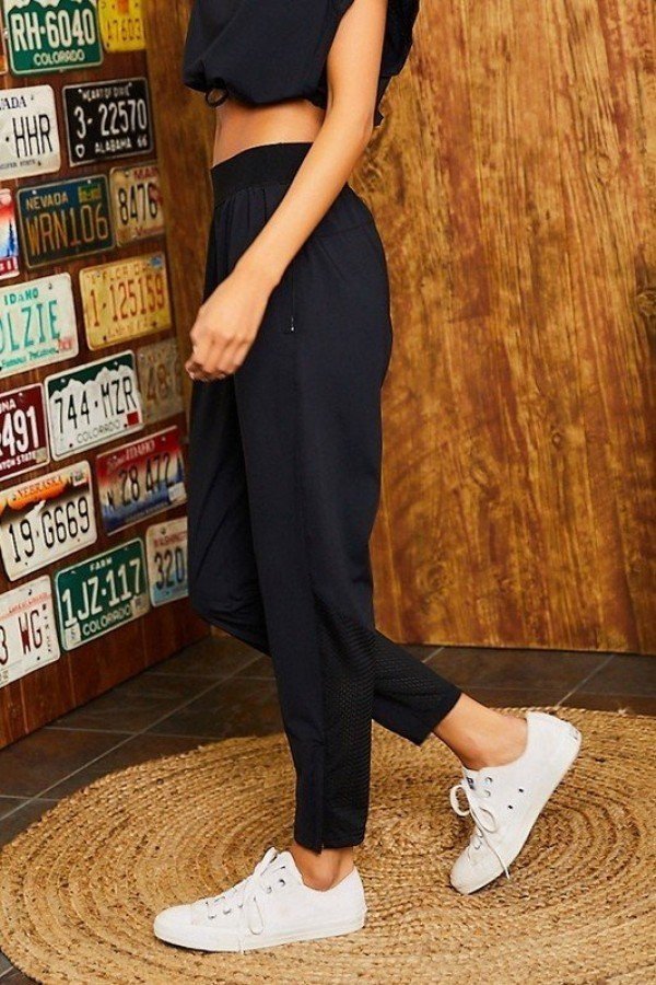 Waist Elastic Band Side Zipper Pocket Contrast Mesh Pants - Absolute Fashion 2020