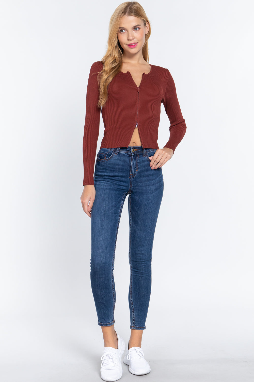 Rib Sweater Top W/front Zipper - Absolute Fashion 2020