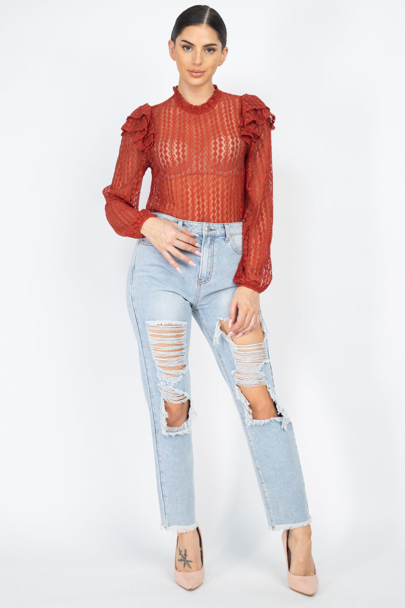 Sheer Crochet Lace Ruffled Top - Absolute Fashion 2020