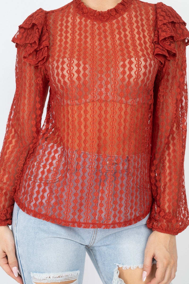 Sheer Crochet Lace Ruffled Top - Absolute Fashion 2020