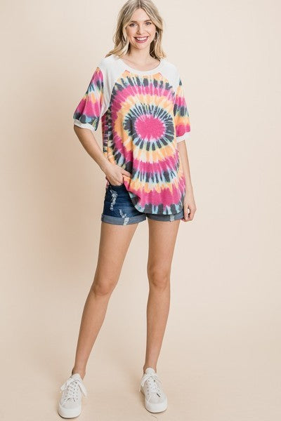 French Terry Tie Dye Printed Casual Mini Bubble Sleeves Tunic Top - Absolute Fashion 2020