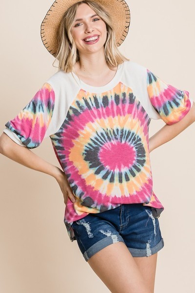 French Terry Tie Dye Printed Casual Mini Bubble Sleeves Tunic Top - Absolute Fashion 2020