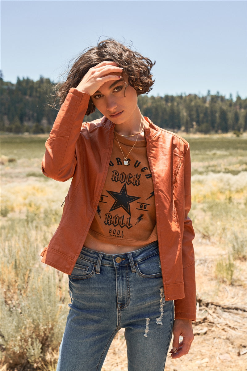Rust Vegan Leather Long Sleeve Biker Jacket - Absolute Fashion 2020