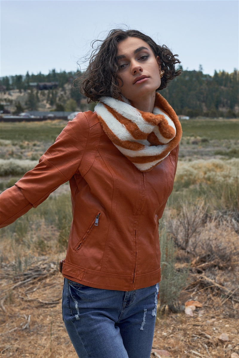 Rust Vegan Leather Long Sleeve Biker Jacket - Absolute Fashion 2020