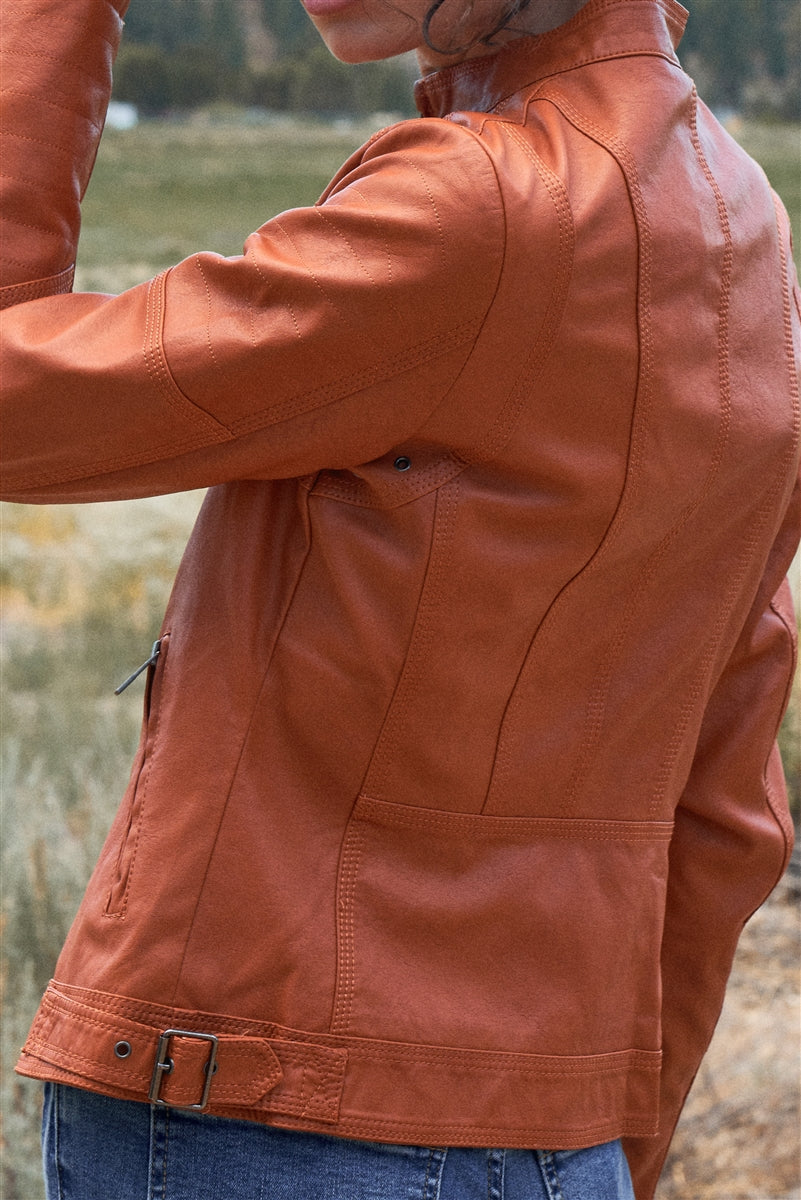 Rust Vegan Leather Long Sleeve Biker Jacket - Absolute Fashion 2020