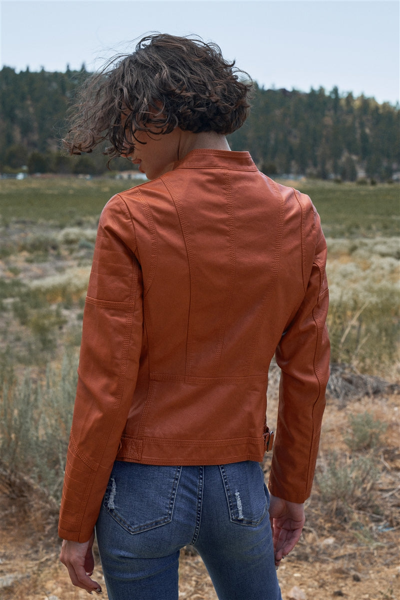 Rust Vegan Leather Long Sleeve Biker Jacket - Absolute Fashion 2020