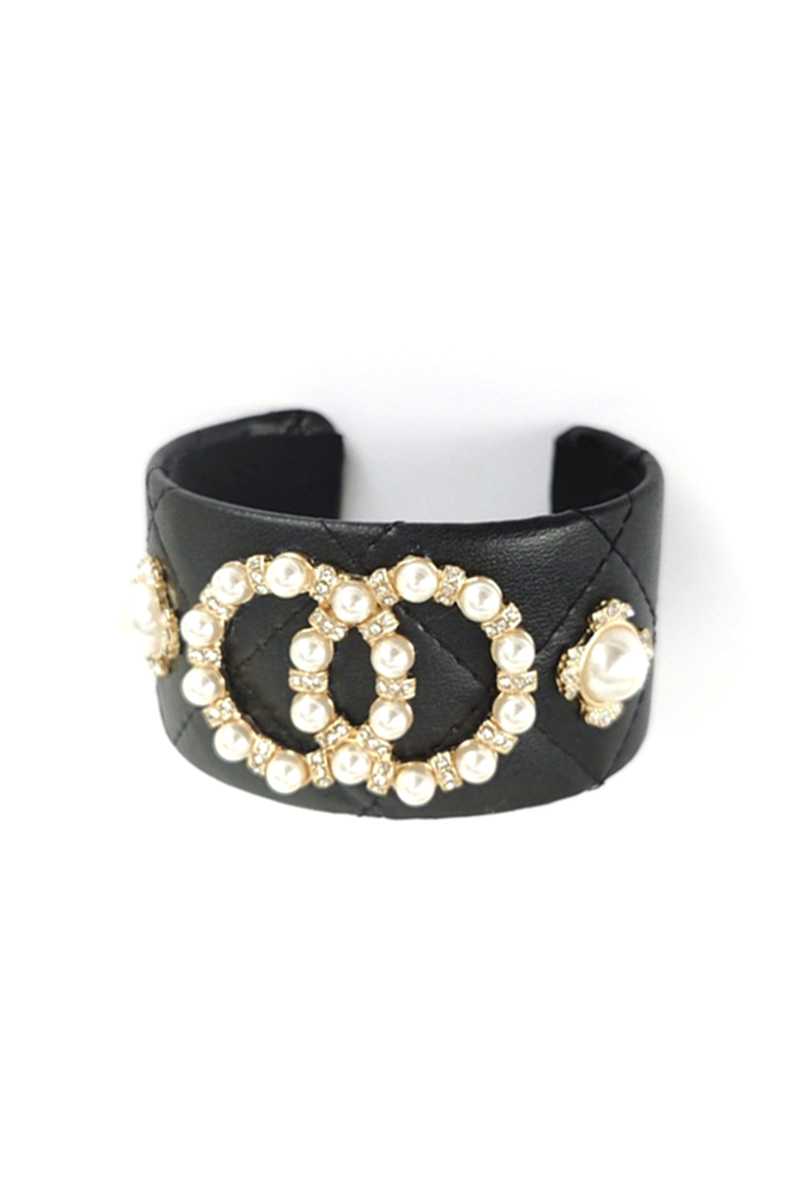 Fashion Pearl Double Round Studded Faux Leather Cuff Bracelet - Absolute Fashion 2020