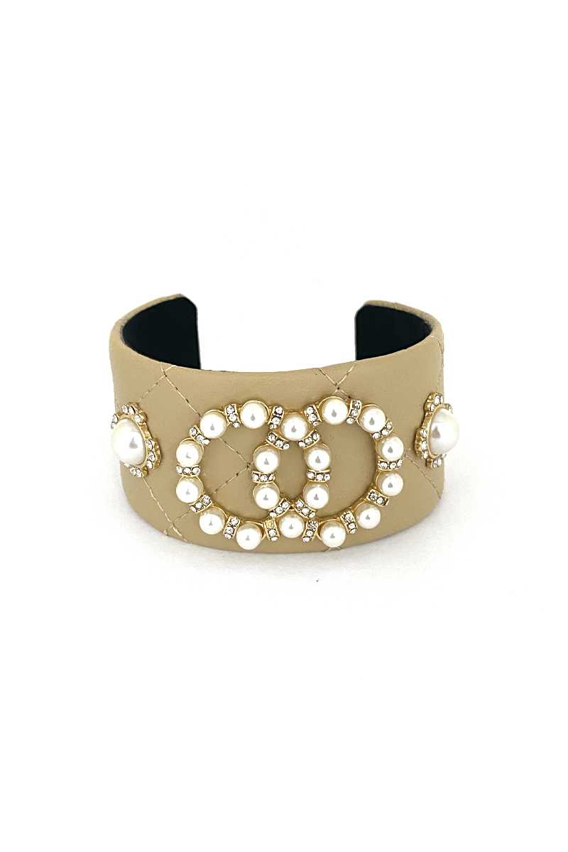 Fashion Pearl Double Round Studded Faux Leather Cuff Bracelet - Absolute Fashion 2020