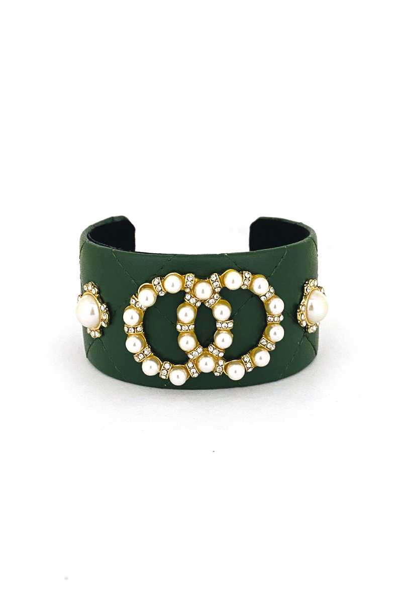 Fashion Pearl Double Round Studded Faux Leather Cuff Bracelet - Absolute Fashion 2020