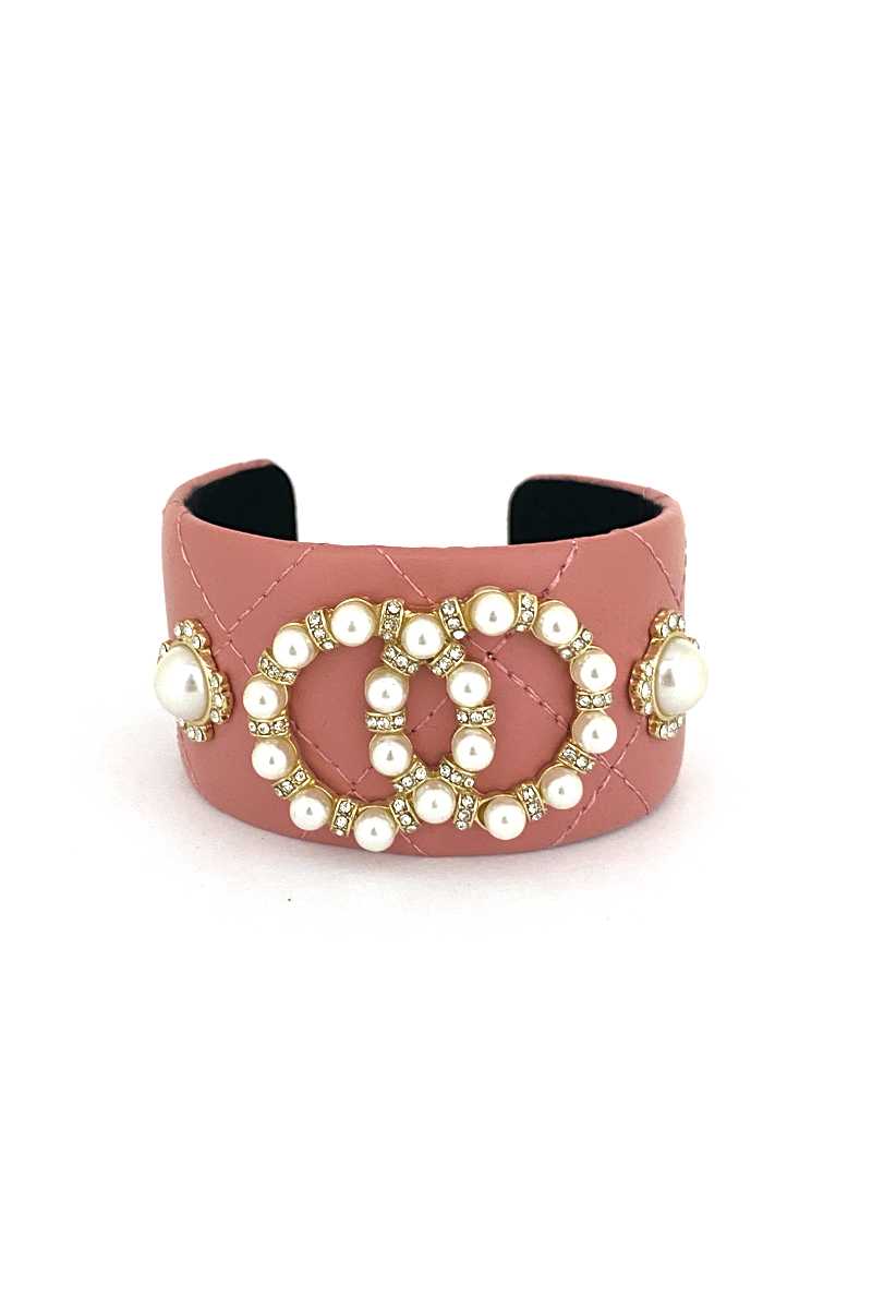 Fashion Pearl Double Round Studded Faux Leather Cuff Bracelet - Absolute Fashion 2020