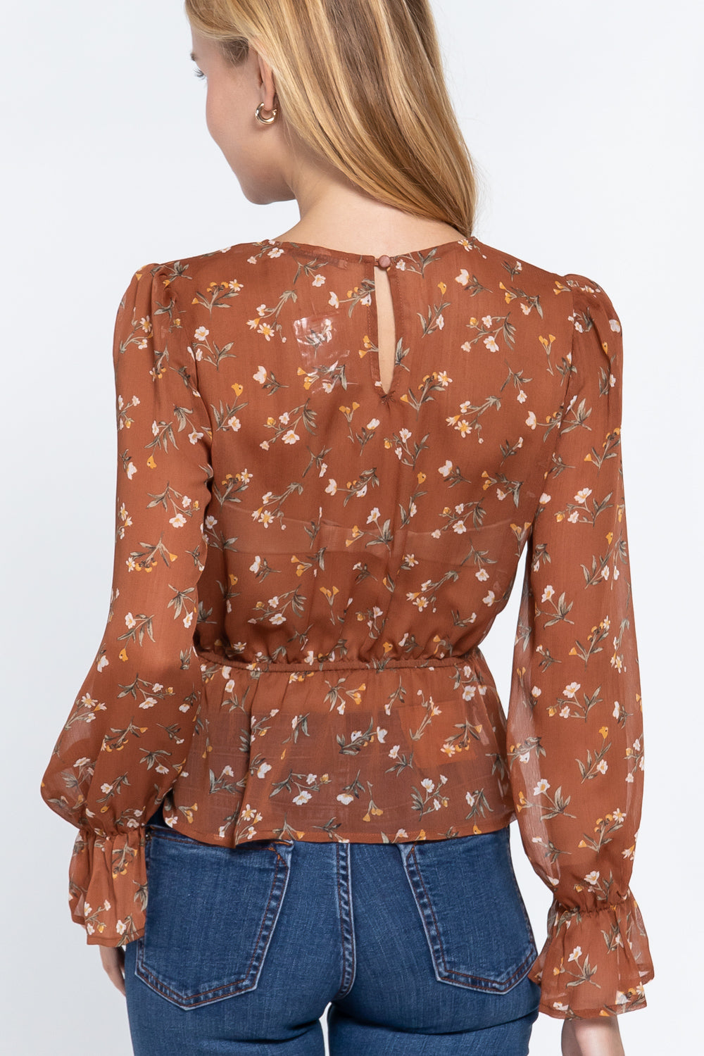Ruffle Slv Peplum Print Woven Top - Absolute Fashion 2020