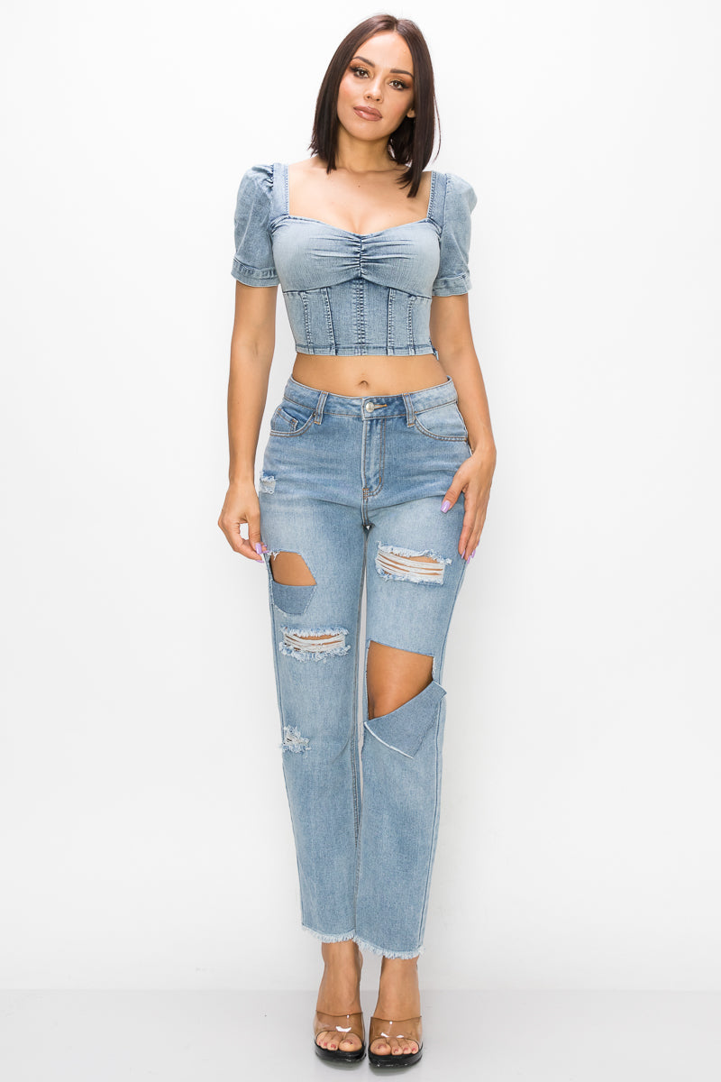 Acid Wash Puff-sleeve Crop Top - Absolute Fashion 2020