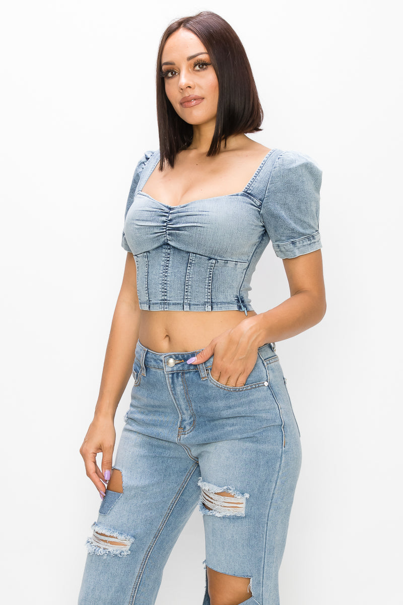 Acid Wash Puff-sleeve Crop Top - Absolute Fashion 2020