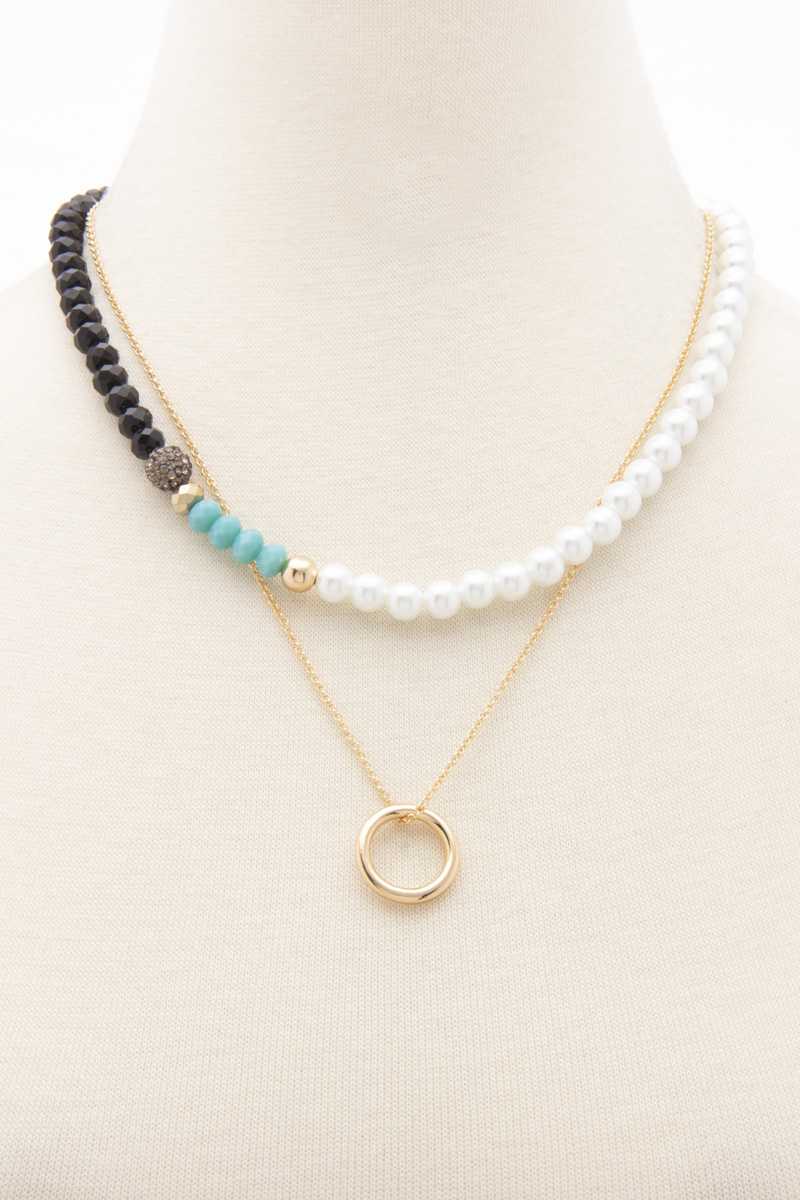 Crystal Pearl Mix Bead 2 Layered Metal Chain Round Pendant Necklace - Absolute Fashion 2020
