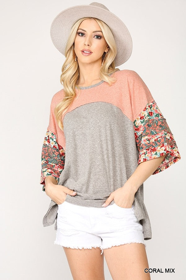 Colorblock Knit And Floral Print Mixed Top With Dolman Sleeve - Absolute Fashion 2020
