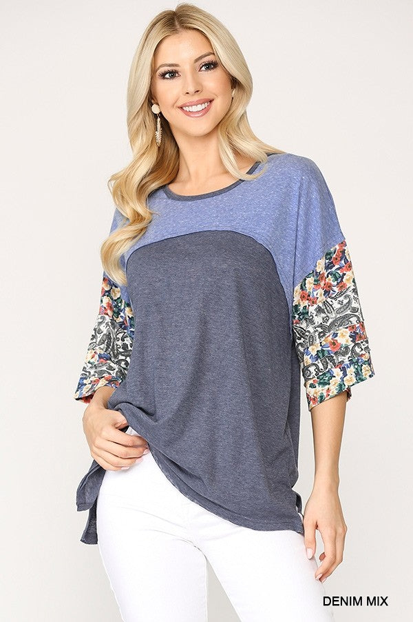 Colorblock Knit And Floral Print Mixed Top With Dolman Sleeve - Absolute Fashion 2020