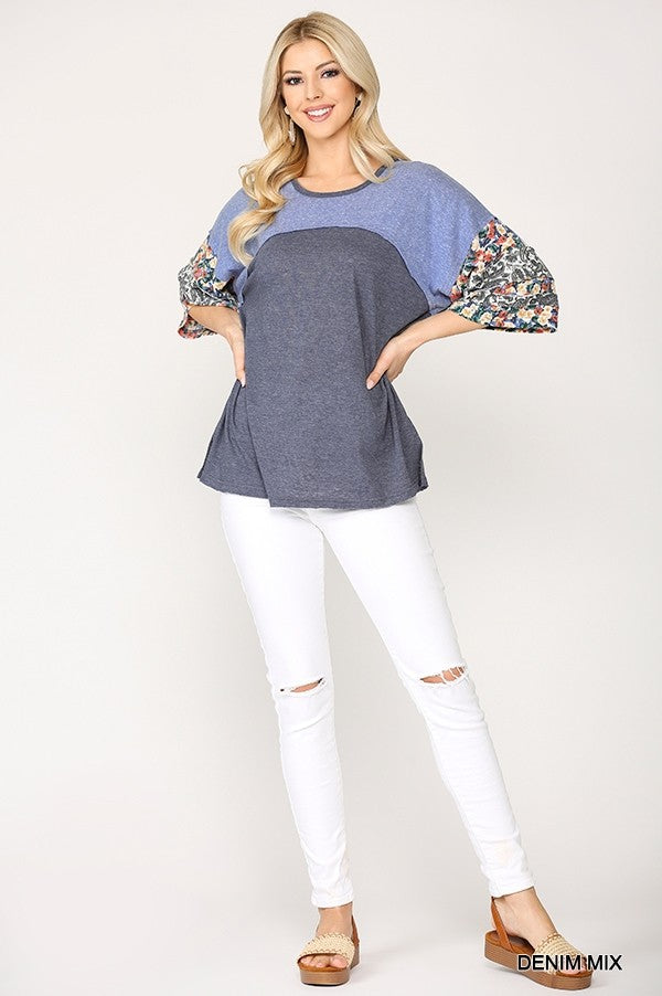 Colorblock Knit And Floral Print Mixed Top With Dolman Sleeve - Absolute Fashion 2020