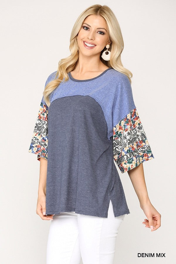Colorblock Knit And Floral Print Mixed Top With Dolman Sleeve - Absolute Fashion 2020