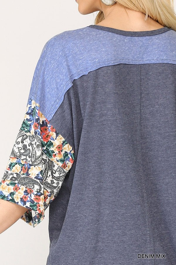 Colorblock Knit And Floral Print Mixed Top With Dolman Sleeve - Absolute Fashion 2020