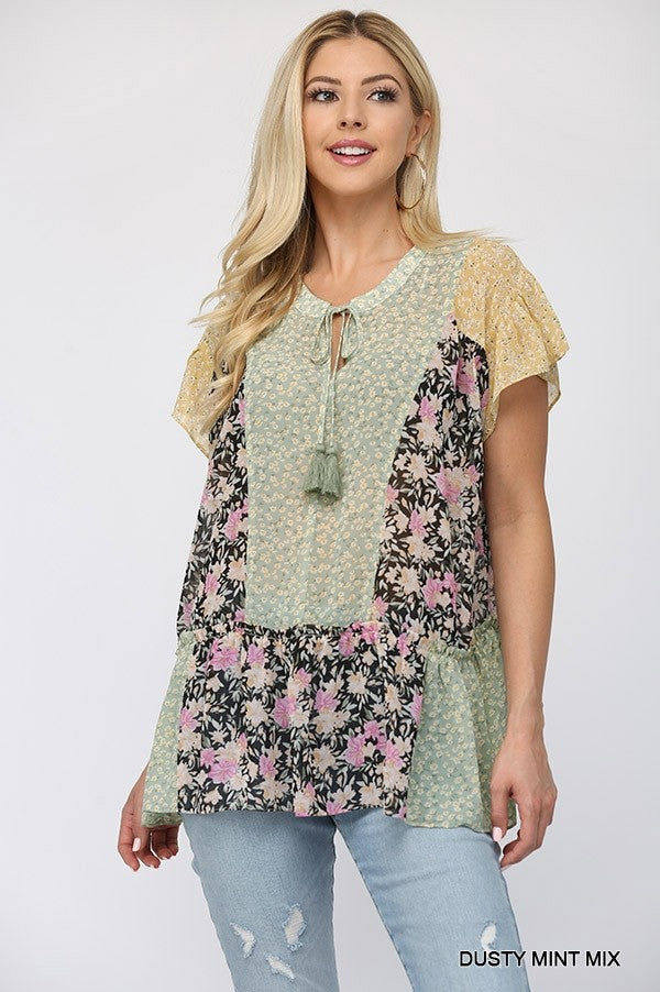 Floral Mixed Print Chiffon Short Top With Front Tassel Tie - Absolute Fashion 2020