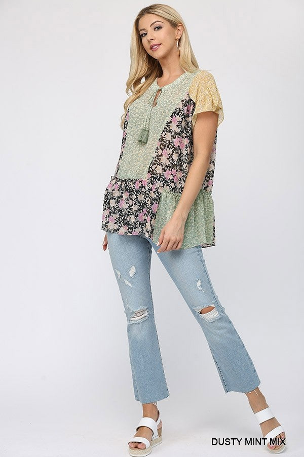 Floral Mixed Print Chiffon Short Top With Front Tassel Tie - Absolute Fashion 2020