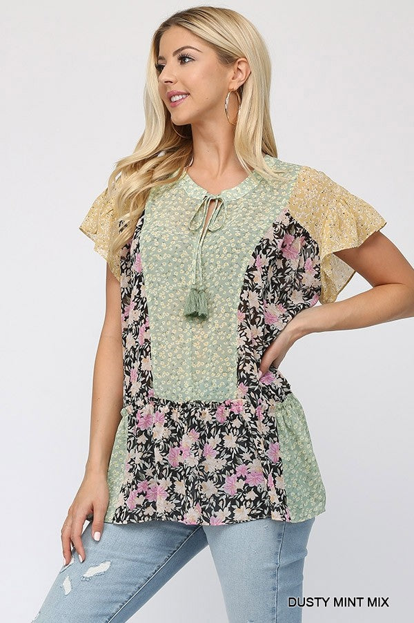 Floral Mixed Print Chiffon Short Top With Front Tassel Tie - Absolute Fashion 2020