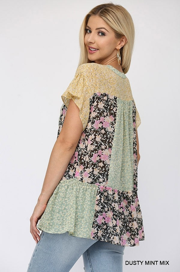 Floral Mixed Print Chiffon Short Top With Front Tassel Tie - Absolute Fashion 2020