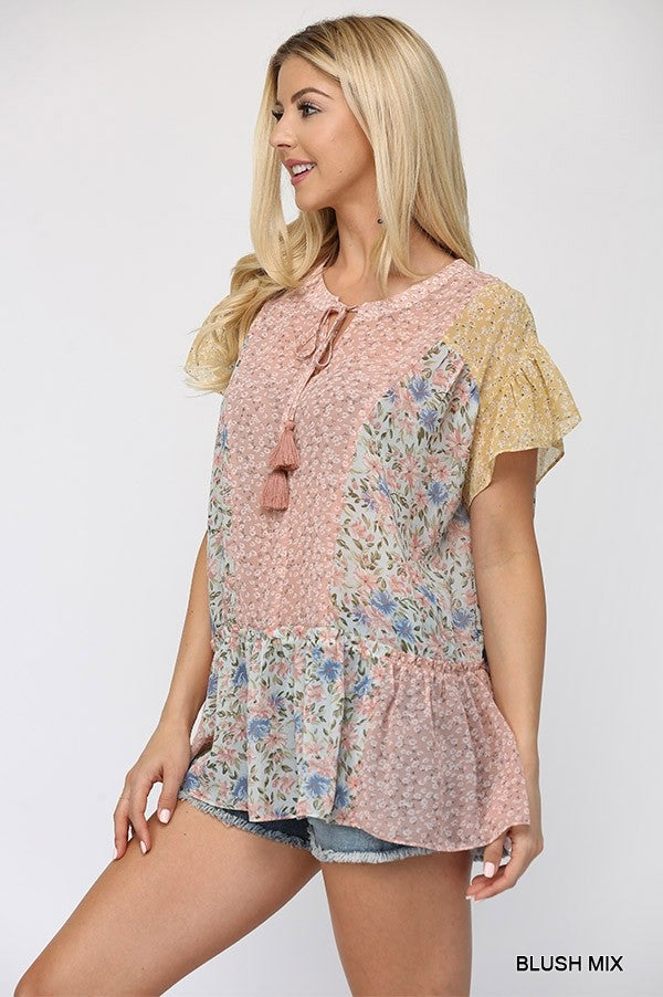 Floral Mixed Print Chiffon Short Top With Front Tassel Tie - Absolute Fashion 2020