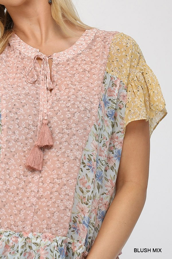 Floral Mixed Print Chiffon Short Top With Front Tassel Tie - Absolute Fashion 2020