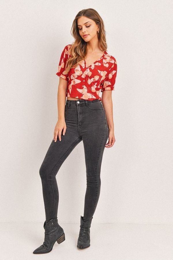 Butterfly Vneck Crop Smocked Back Waist - Absolute Fashion 2020