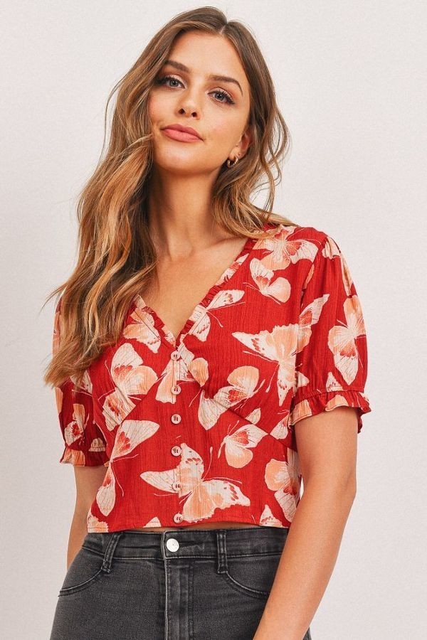 Butterfly Vneck Crop Smocked Back Waist - Absolute Fashion 2020