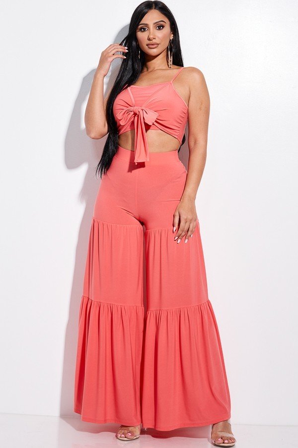 Solid Tie Front Spaghetti Strap Tank Top And Tiered Wide Leg Pants Two Piece Set - Absolute Fashion 2020