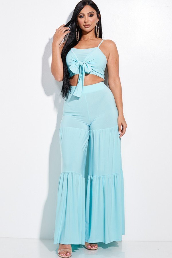 Solid Tie Front Spaghetti Strap Tank Top And Tiered Wide Leg Pants Two Piece Set - Absolute Fashion 2020