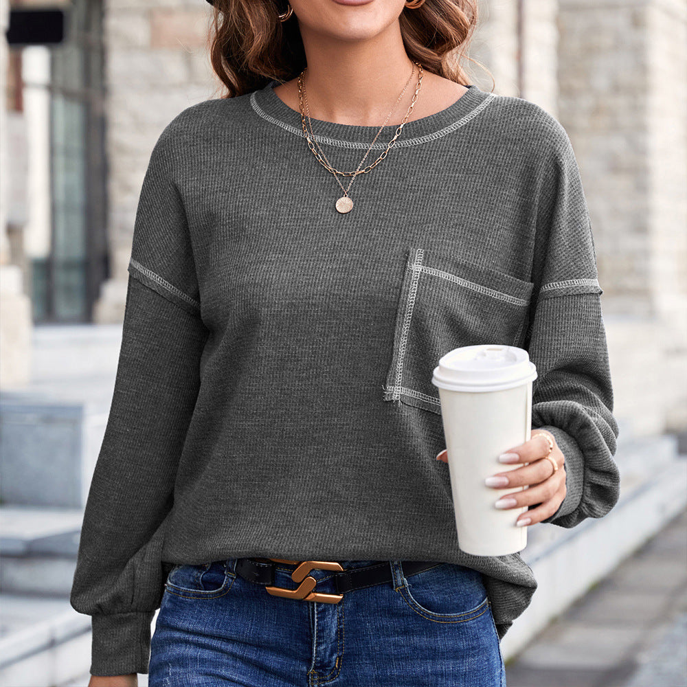 Contrast Stitch Lantern Sleeve Tee with Breast Pocket