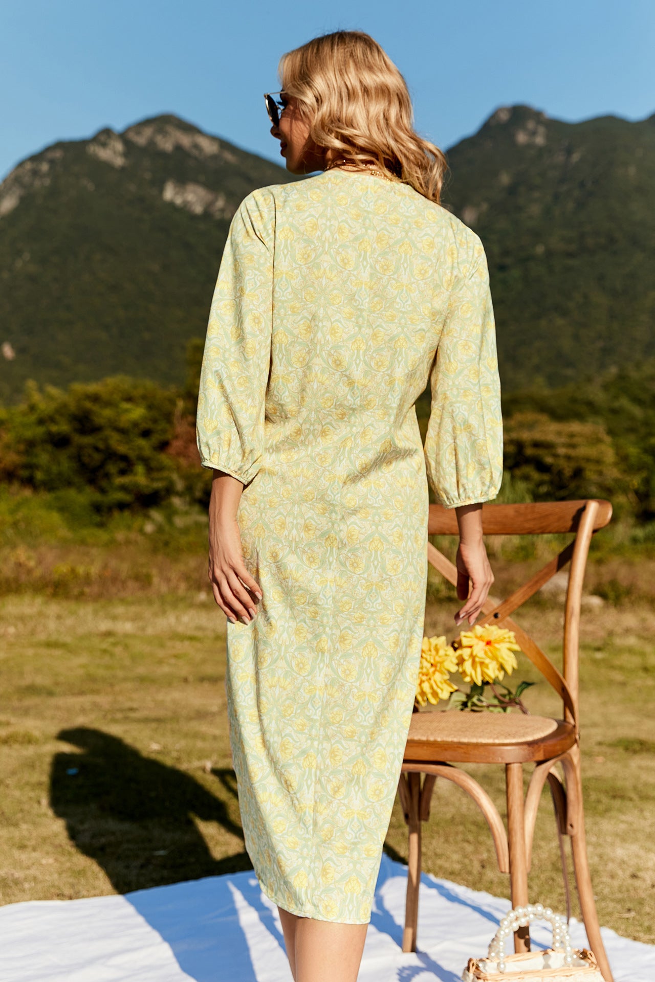 Floral Front Drawstring Balloon Sleeve Midi Dress