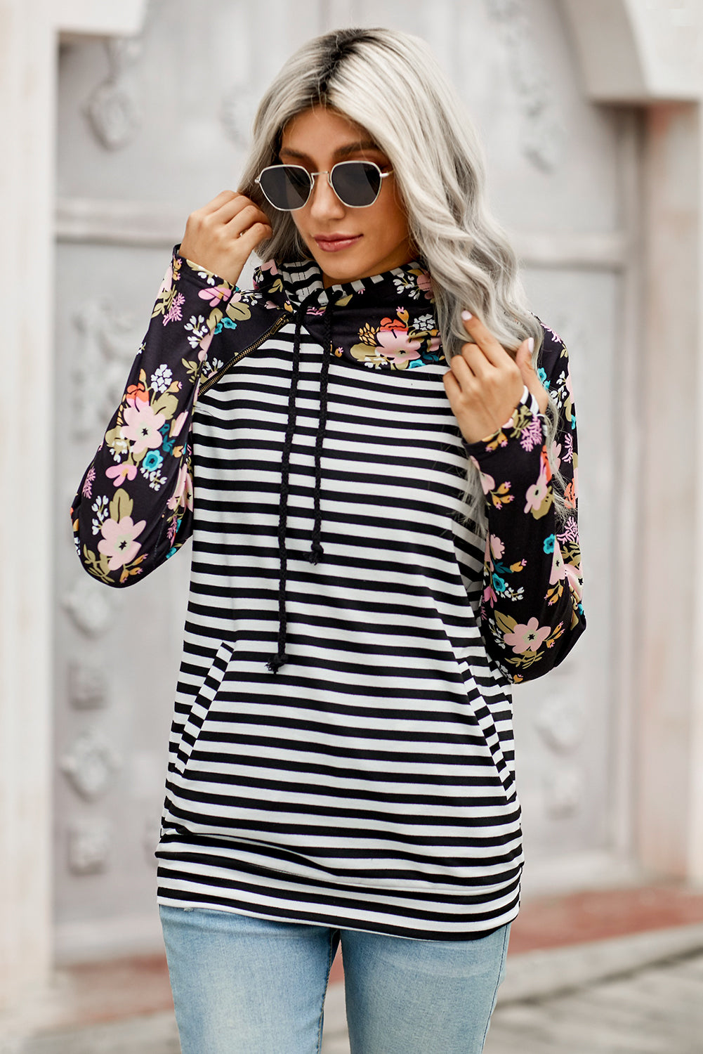 Striped Floral Print Long Sleeve Hoodie - Absolute Fashion 2020
