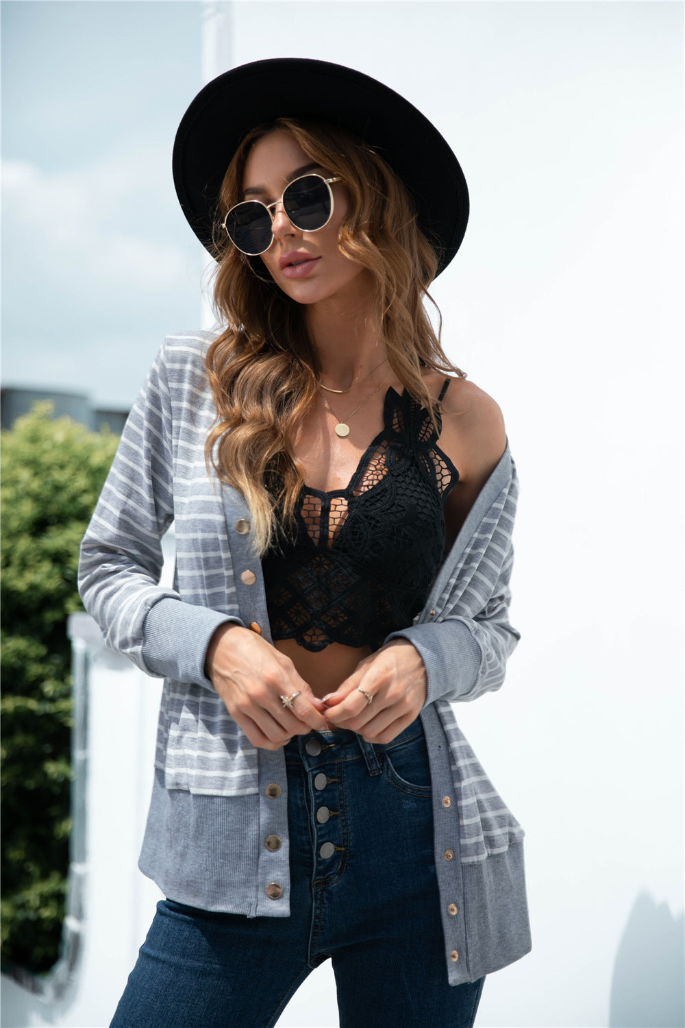 Striped Button Up V-neck Cardigan - Absolute Fashion 2020