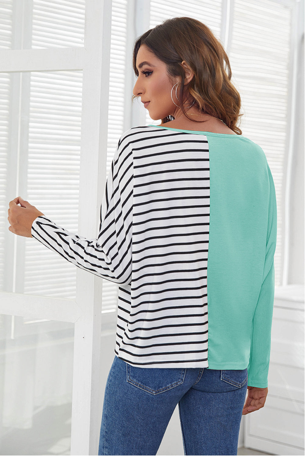 Striped Spliced V-Neck Long-Sleeve T-Shirt