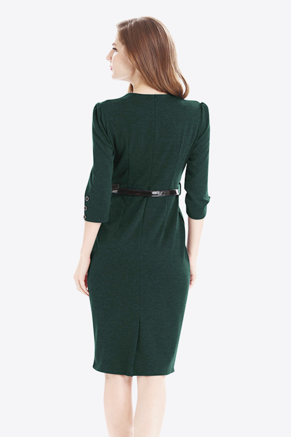 Full Size Decorative Button Puff Sleeve Notched Neck Dress