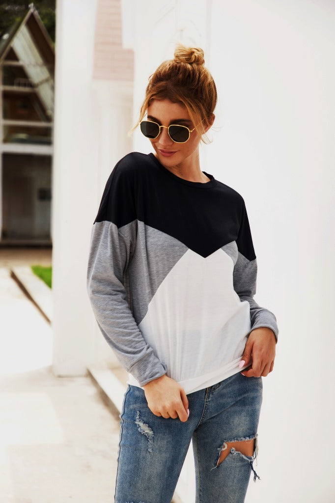 Color Block Round Neck Long Sleeve Top